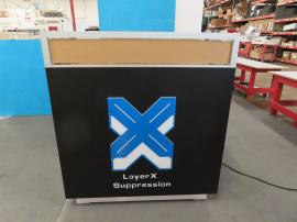 Custom Product Display Counter with Backlit Logo and LED Accent Lights, Locking Storage, and Plex Display Case